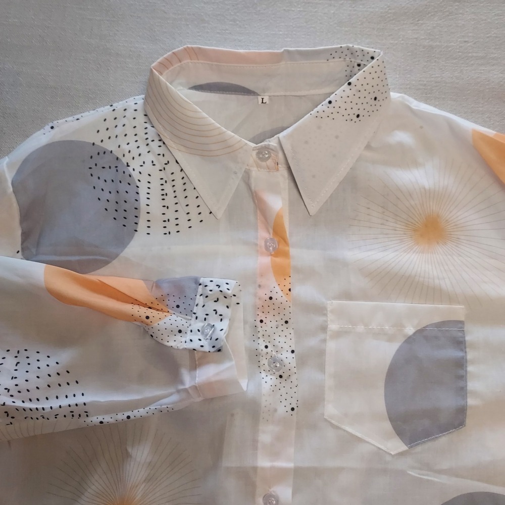 Womens L Geometric‎  Button Up Shirt Long Sleeve Orange Gray White Top Korean